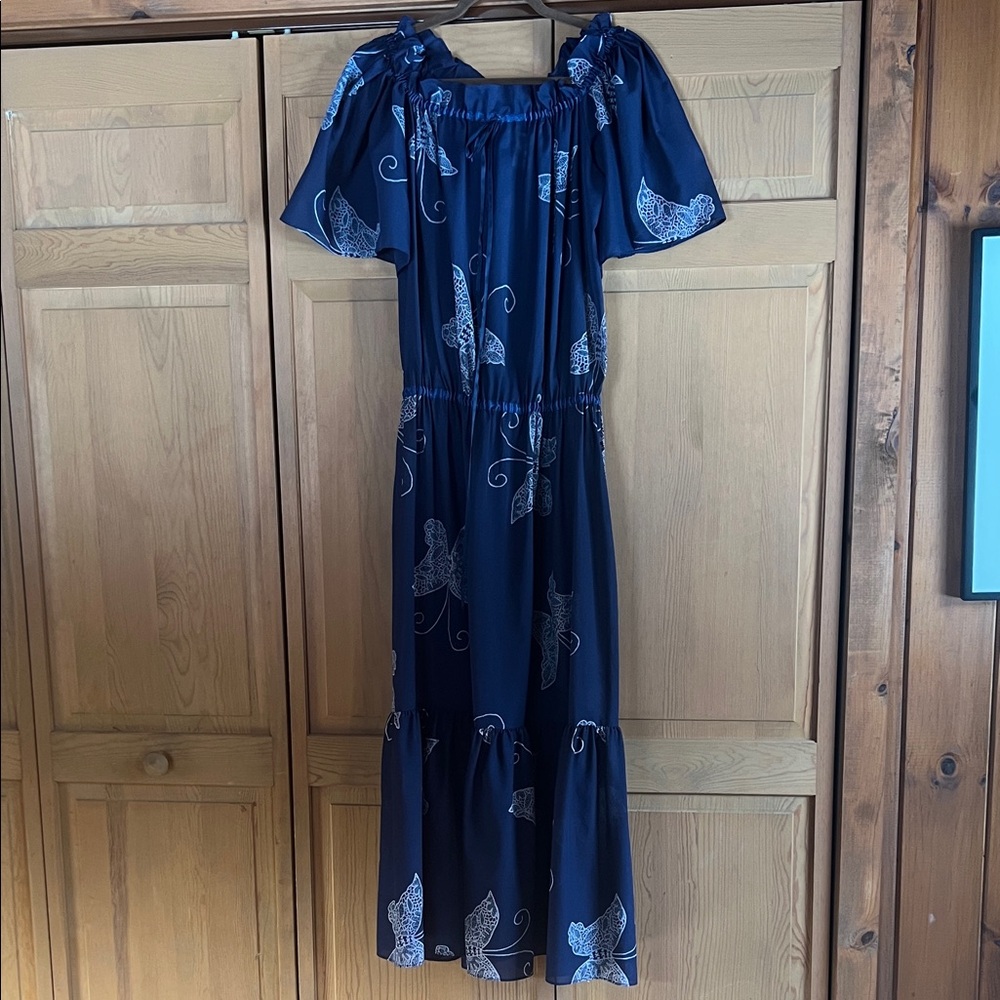 70s Yves Saint Laurent Navy & white butterfly Off the shoulder Maxi Dress. S